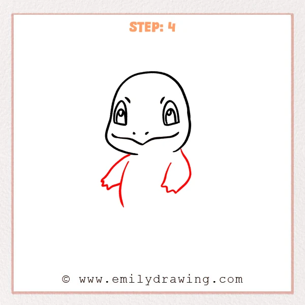 how to draw a charmander - Charmander Step 4 showing the upper body and two short clawed arms