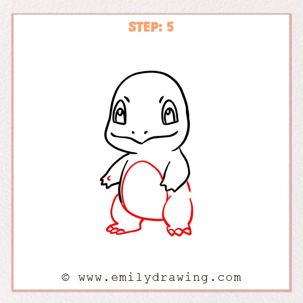 how to draw a charmander - Charmander Step 5 showing an oval belly, bent legs, and clawed feet
