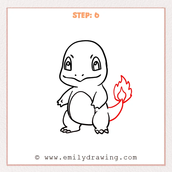 how to draw a charmander - Charmander Step 6 showing a curved tail with a layered flame