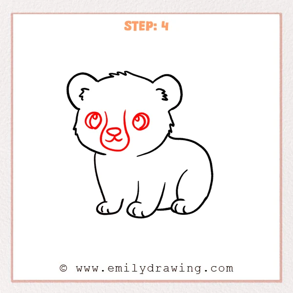 how to draw a cheetah print - Cheetah print Step 4 showing large eyes and a rounded smiling muzzle