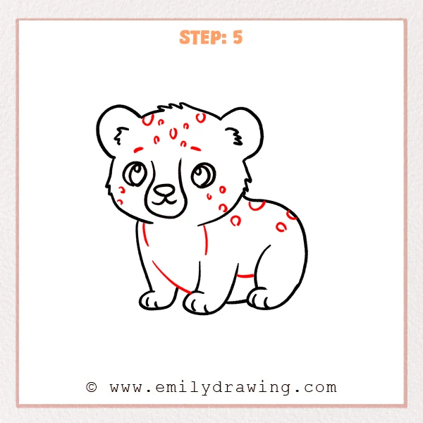 how to draw a cheetah print - Cheetah print Step 5 showing irregular spots across the head and body