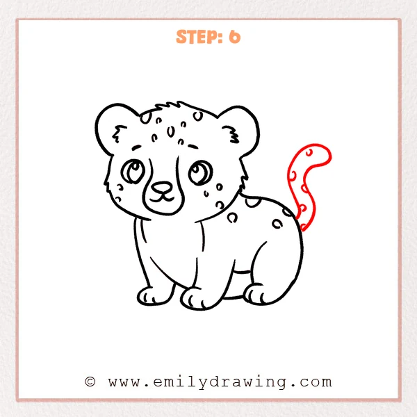 how to draw a cheetah print - Cheetah print Step 6 showing a raised curved tail covered with spots
