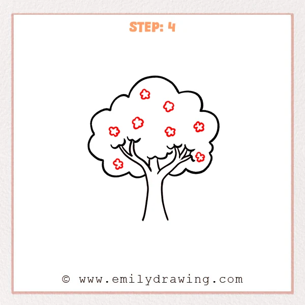 how to draw a cherry blossom tree - Cherry blossom tree Step 4 showing small five-petaled flowers across the crown
