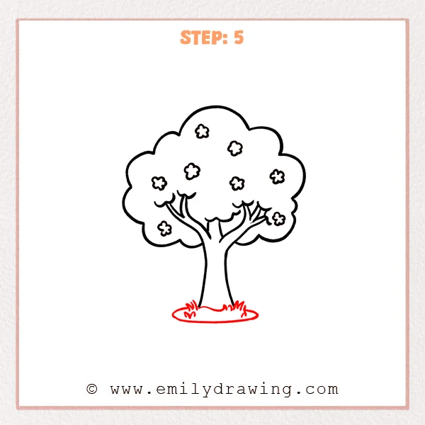 how to draw a cherry blossom tree - Cherry blossom tree Step 5 showing an oval ground patch and grass tufts
