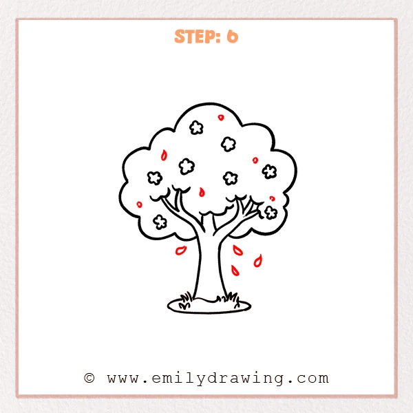 how to draw a cherry blossom tree - Cherry blossom tree Step 6 showing loose petals drifting around the tree