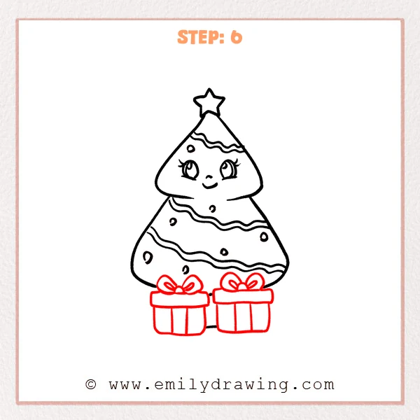 how to draw a christmas stuff - Christmas stuff Step 6 showing two bowed presents in front of the decorated tree