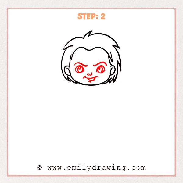 how to draw a chucky - Chucky Step 2 showing large eyes, angled eyebrows, and a crooked smile