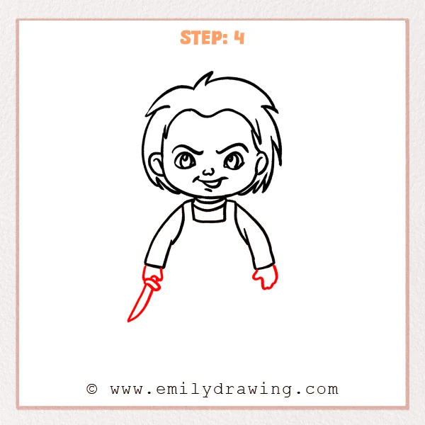 how to draw a chucky - Chucky Step 4 showing two hands with a small prop knife in the left hand