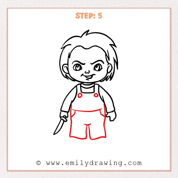 how to draw a chucky - Chucky Step 5 showing buttoned overalls with pockets and wide pant legs