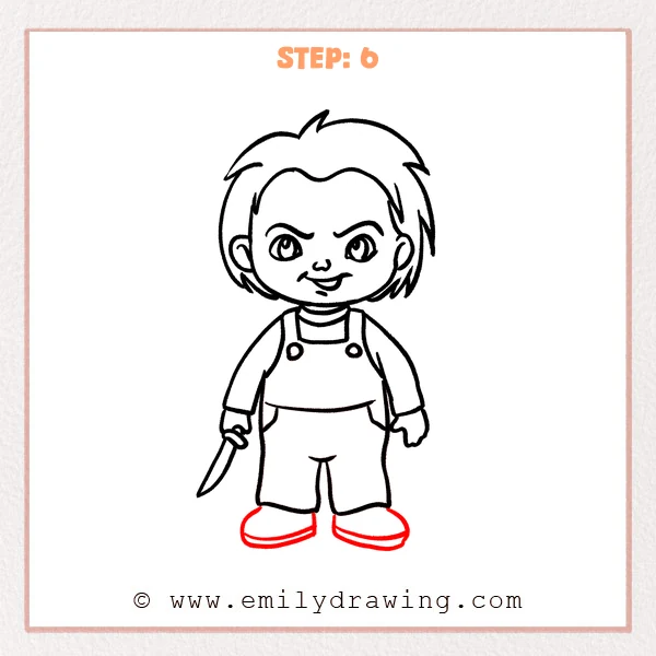 how to draw a chucky - Chucky Step 6 showing two large rounded shoes with thick soles