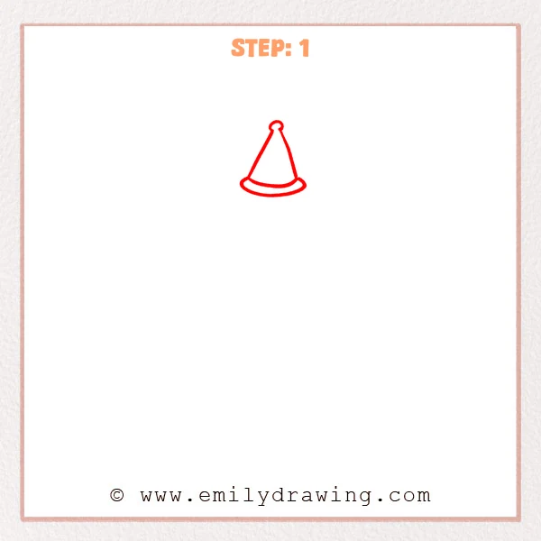 how to draw a clown - Clown Step 1 showing a tall cone party hat with a round pom-pom and curved brim