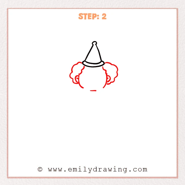 how to draw a clown - Clown Step 2 showing a round head, ears, and puffy hair beneath the party hat