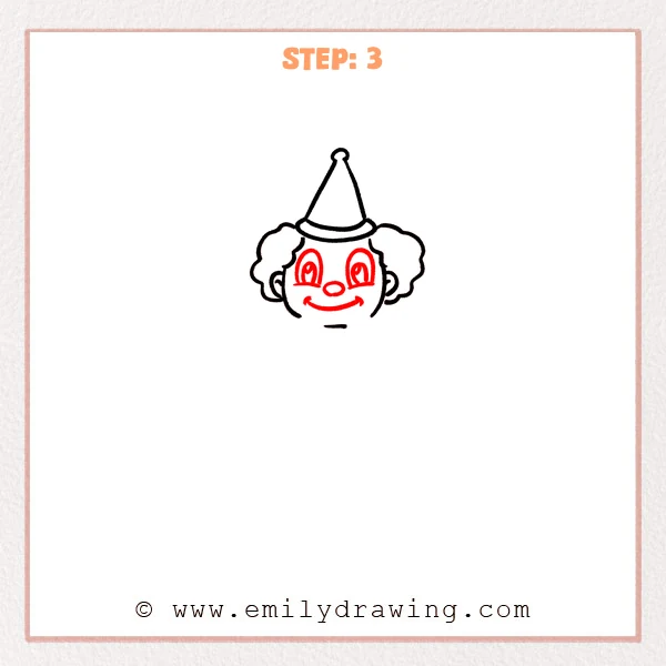 how to draw a clown - Clown Step 3 showing tall eyes, an oval nose, and a broad smiling mouth