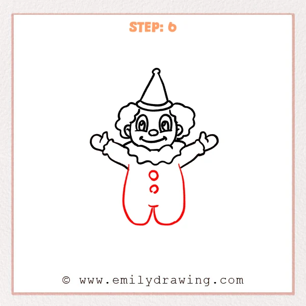 how to draw a clown - Clown Step 6 showing a rounded one-piece costume with two buttons and divided legs