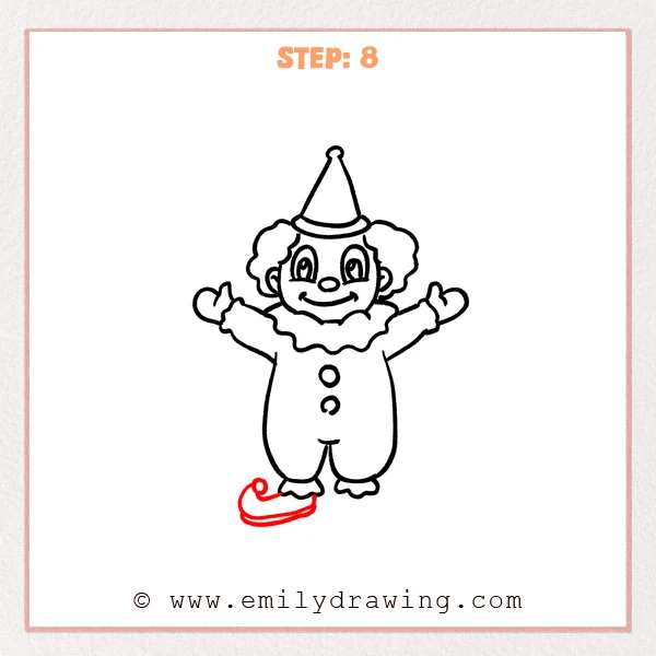 how to draw a clown - Clown Step 8 showing one long curled-toe shoe with a double sole line