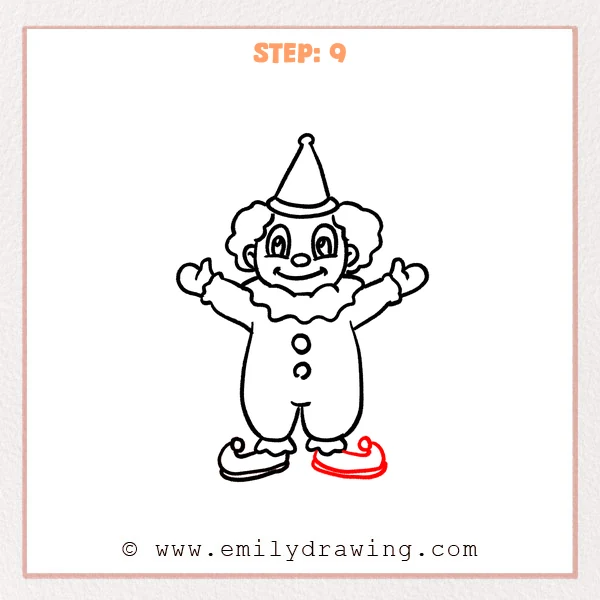 how to draw a clown - Clown Step 9 showing the completed clown with two matching curled-toe shoes