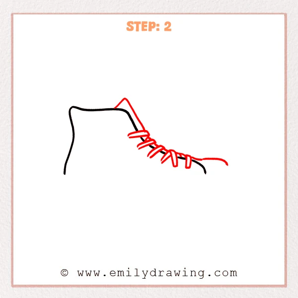 how to draw a converse - Converse Step 2 showing a raised tongue and crossed laces along the shoe opening
