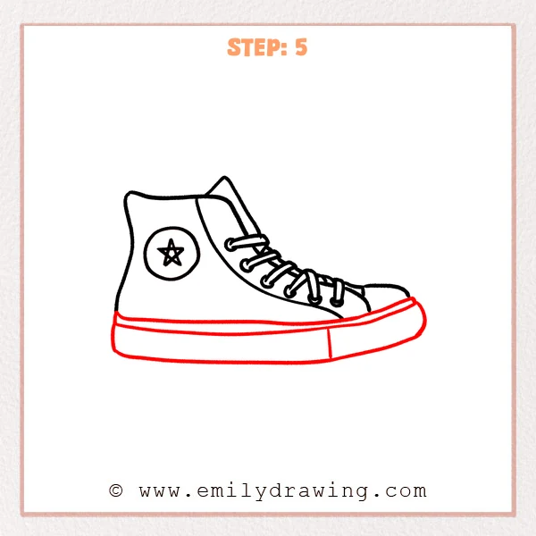 how to draw a converse - Converse Step 5 showing a thick rubber sole, side stripe, and rounded toe bumper