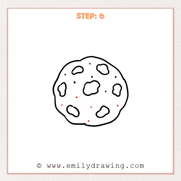 how to draw a cookie - Cookie Step 6 showing the completed cookie with large chocolate pieces and evenly scattered crumbs