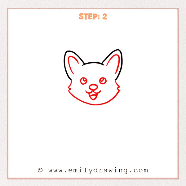how to draw a corgi - Corgi Step 2 showing inner ears, fluffy cheeks, bright eyes, a nose, and an open smile