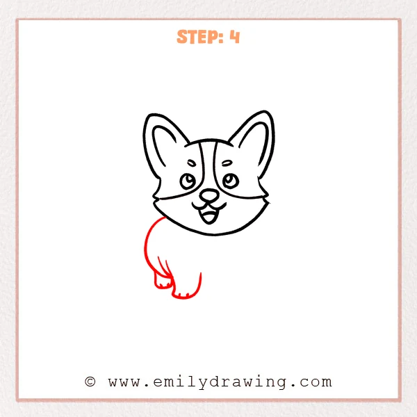 how to draw a corgi - Corgi Step 4 showing the left body outline, a small rear paw, and one rounded front leg