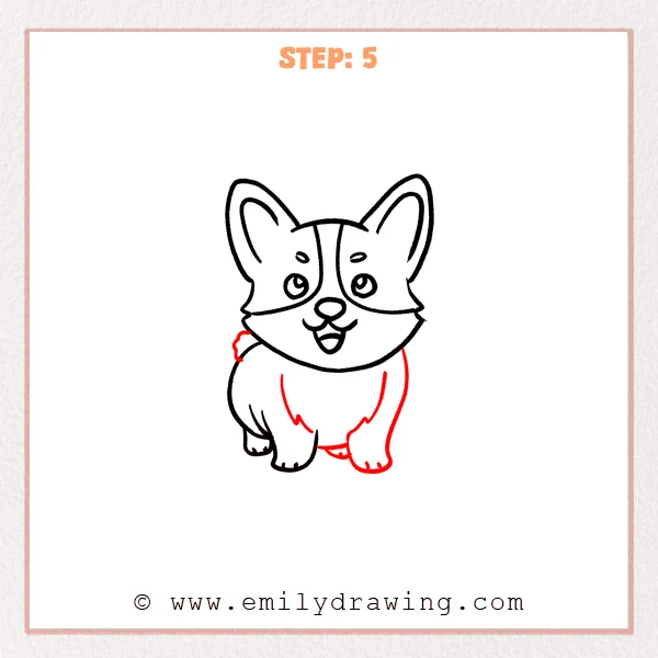 how to draw a corgi - Corgi Step 5 showing the completed body, two front legs, chest tufts, rear paw, and small tail
