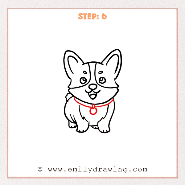 how to draw a corgi - Corgi Step 6 showing the completed corgi wearing a curved collar with a round tag