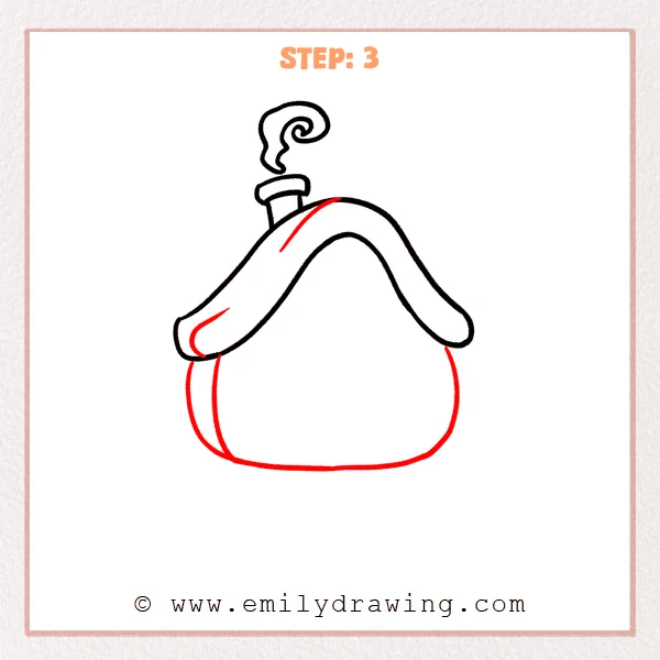 how to draw a cottage - Cottage Step 3 adding rounded walls, a base, and small roof detail lines.