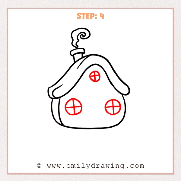 how to draw a cottage - Cottage Step 4 adding three circular windows with cross-shaped panes.