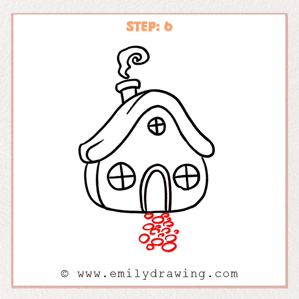 how to draw a cottage - Cottage Step 6 adding an irregular oval-stone path below the finished cottage.