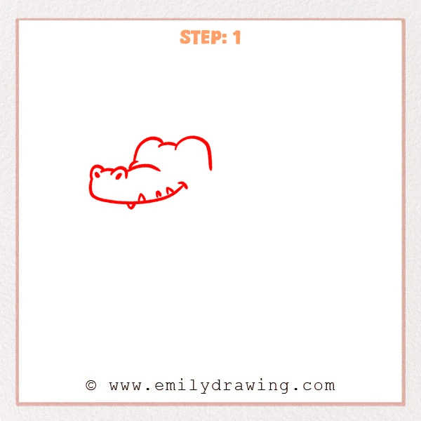 how to draw a crocodile - Crocodile Step 1 showing a wide smiling head with nostrils and small teeth.