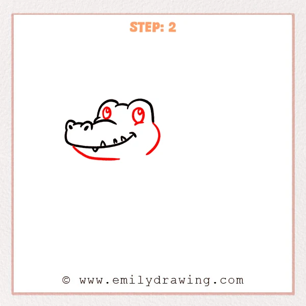 how to draw a crocodile - Crocodile Step 2 adding two bright eyes, a cheek, and the lower jaw.