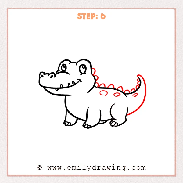how to draw a crocodile - Crocodile Step 6 adding back scales, body markings, and the completed tail.
