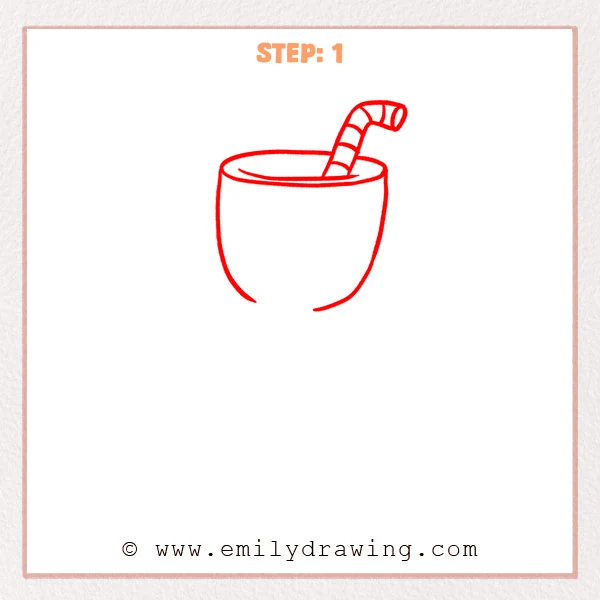 how to draw a cuphead - Cuphead Step 1 showing the cup-shaped head, oval rim, and striped bent straw.