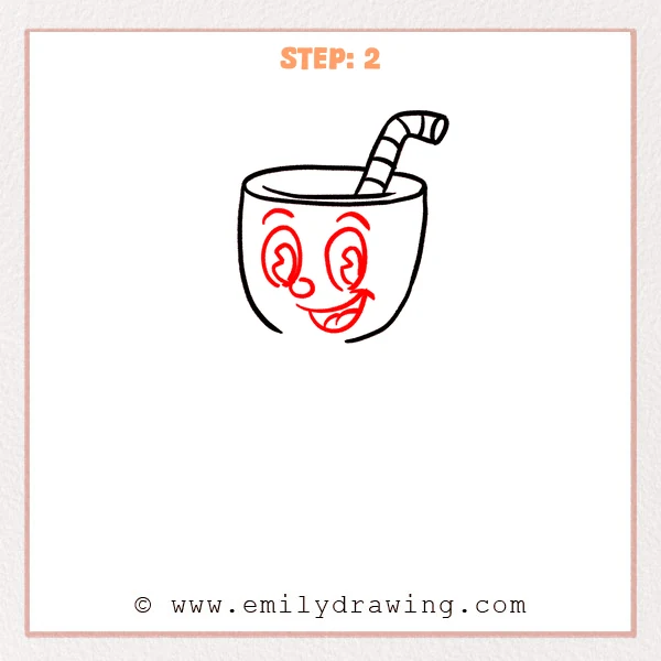how to draw a cuphead - Cuphead Step 2 adding large eyes, eyebrows, nose, and an open smile.
