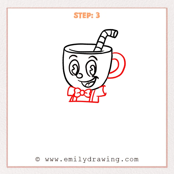 how to draw a cuphead - Cuphead Step 3 adding the cup handle, bow tie, sleeves, and torso.