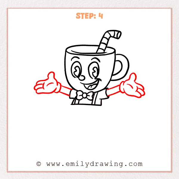 how to draw a cuphead - Cuphead Step 4 adding outstretched arms and two expressive gloved hands.