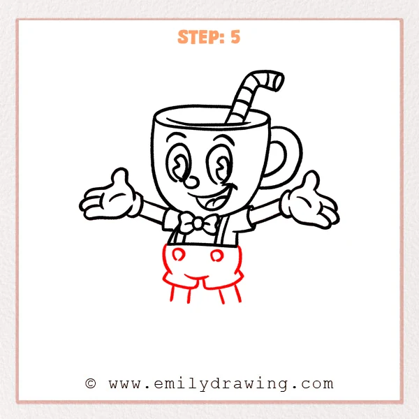 how to draw a cuphead - Cuphead Step 5 adding buttoned shorts and two slim legs.