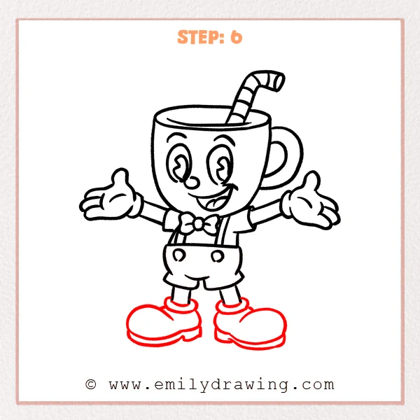 how to draw a cuphead - Cuphead Step 6 adding ankle cuffs and oversized rounded shoes.