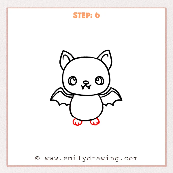 how to draw a cute bat - Cute bat Step 6 adding two tiny feet and toe lines beneath the body.