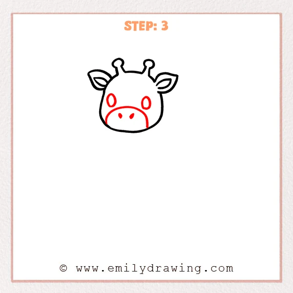 how to draw a cute giraffe - Cute giraffe Step 3 adding oval eyes, a broad muzzle, and two nostrils.