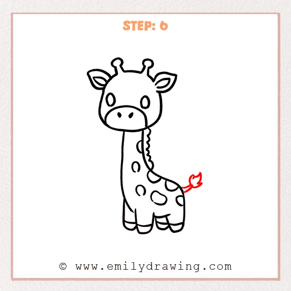 how to draw a cute giraffe - Cute giraffe Step 6 adding a raised tail with a pointed tuft.