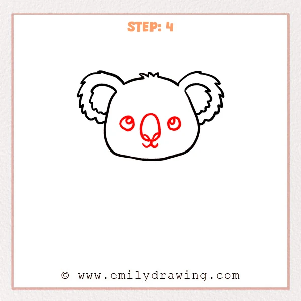how to draw a cute koala - Cute koala Step 4 showing highlighted eyes, an oval nose, nostrils, and a small mouth