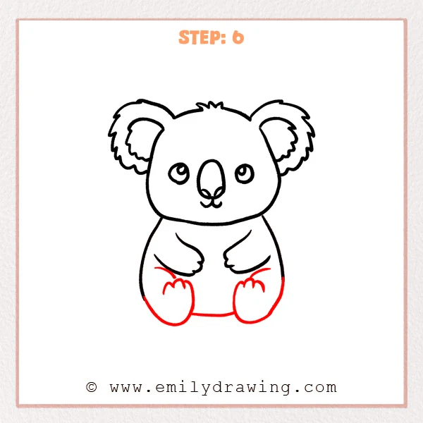 how to draw a cute koala - Cute koala Step 6 showing two large hind feet with toe bumps and a finished belly