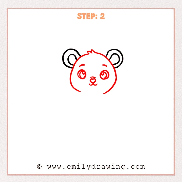 how to draw a cute rat - Cute rat Step 2 showing a round head, hair tuft, eyes, nose, and mouth