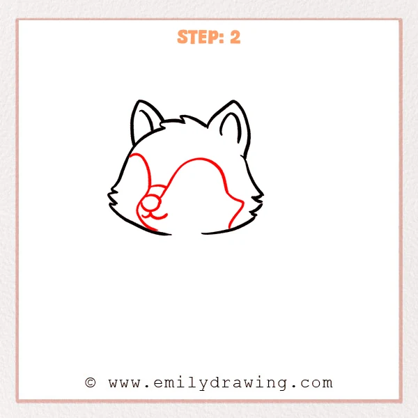 how to draw a cute wolf - Cute wolf Step 2 showing curved face markings, a round nose, and a small mouth