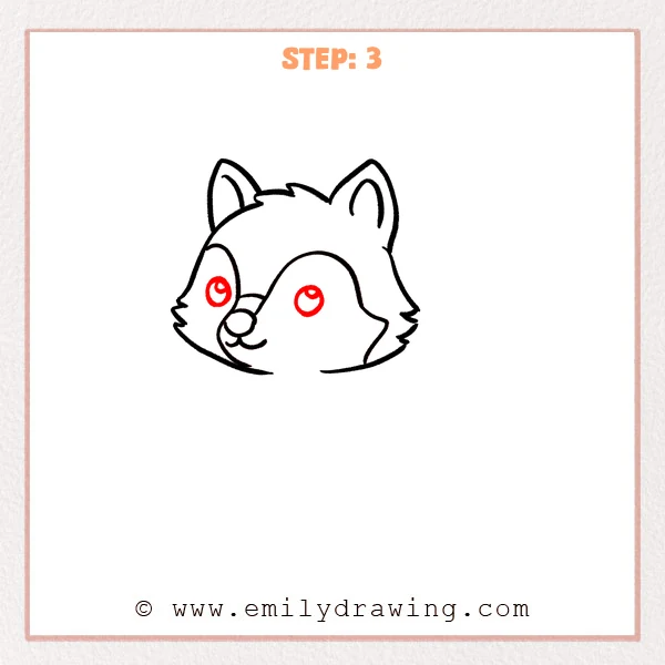 how to draw a cute wolf - Cute wolf Step 3 showing two shiny oval eyes inside the face markings