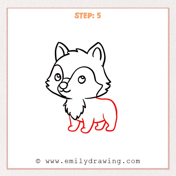 how to draw a cute wolf - Cute wolf Step 5 showing a compact body with four short standing legs