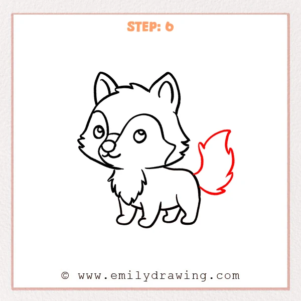 how to draw a cute wolf - Cute wolf Step 6 showing a large bushy tail curving upward behind the body