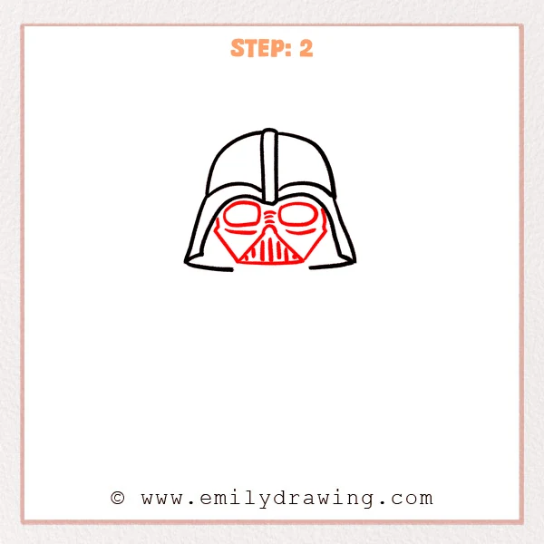 how to draw a darth vader - Darth Vader Step 2 showing eye openings, angular cheeks, and a vented mouth guard